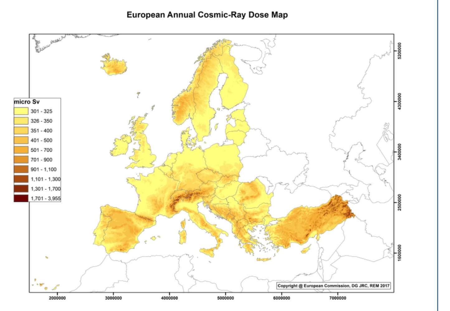 Mapa de radiación cósmica anual del atlas europeo de radiación natural