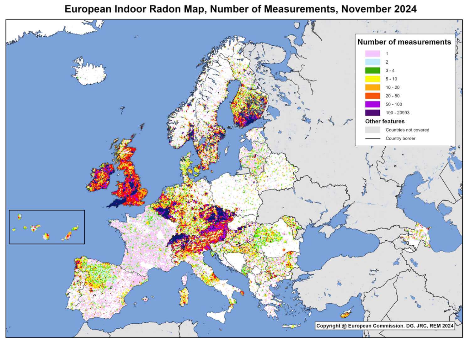 Mapa del número de medidas reales de concentración de gas radón en interiores procedente del atlas europeo de radiación natural.